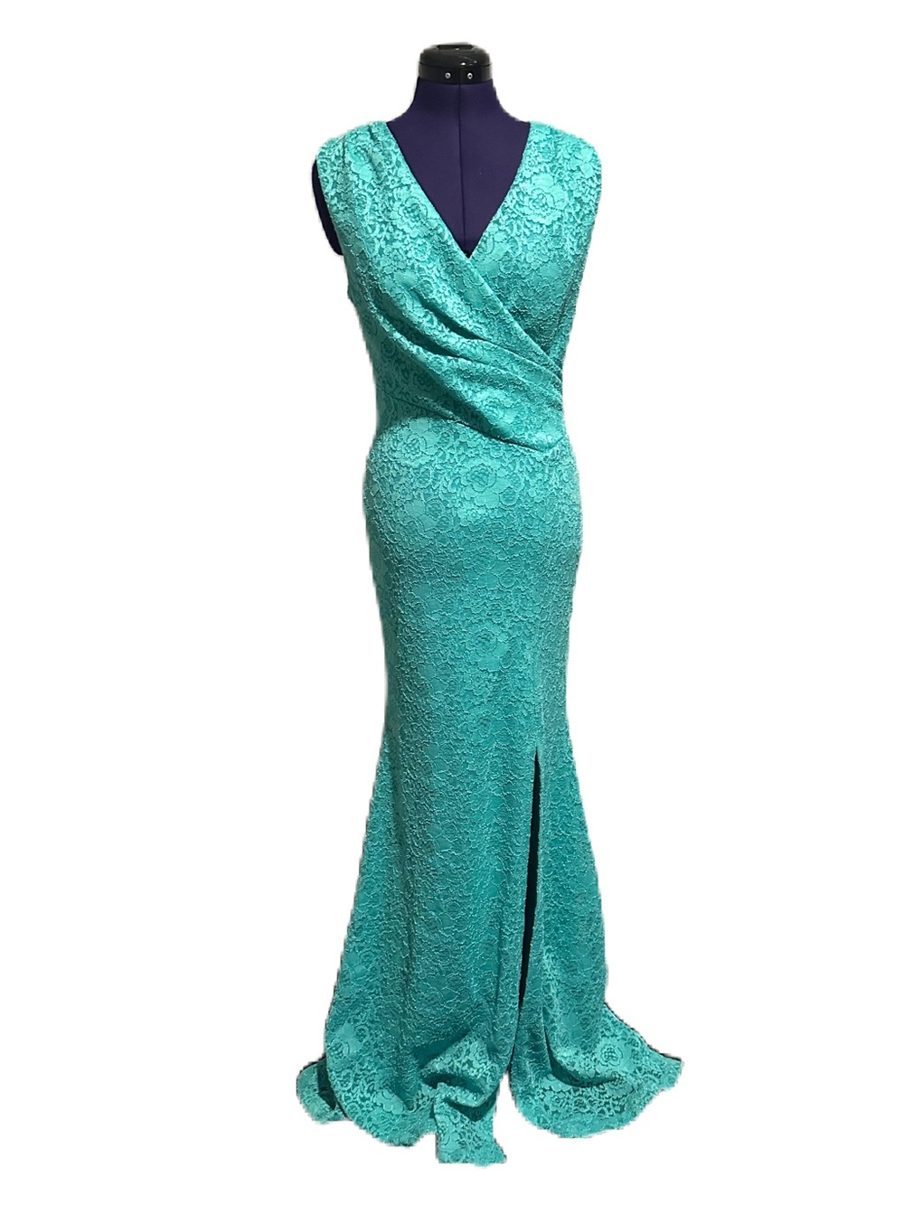 La Scala Mint Green Blue Lace Short Sleeve Long Formal Maxi Dress